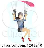 Happy Young Woman Paragliding In A Blue Sky