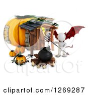 Poster, Art Print Of 3d White Demon Man With A Cauldron At A Halloween Pumpkin Cottage