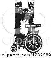 Black And White Woodcut Circus Bear Riding A Unicycle With No Hands