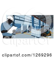 Poster, Art Print Of Silhouetted Warehouse Workers Taking Inventory And Using A Forklift