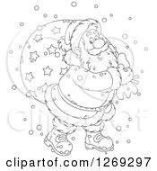 Poster, Art Print Of Cartoon Happy Black And White Santa Claus Carrying Sack In The Snow