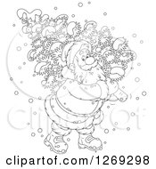 Poster, Art Print Of Cartoon Happy Black And White Santa Claus Carrying A Fresh Cut Christmas Tree In The Snow