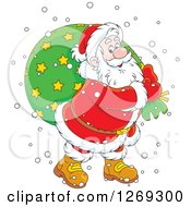 Cartoon Happy Caucasian Santa Claus Carrying Sack In The Snow Over A Green Circle