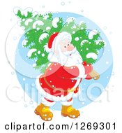 Poster, Art Print Of Happy White Santa Claus Carrying A Fresh Cut Christmas Tree In The Snow Over A Blue Circle