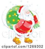 Poster, Art Print Of Happy White Santa Claus Carrying Sack In The Snow Over A Green Circle