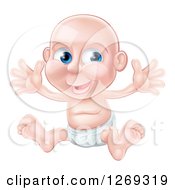 Bald Blue Eyed Caucasian Baby Boy Sitting In A Diaper And Holding Out Both Arms