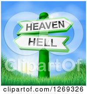 3d Green Heaven Or Hell Arrow Signs Over Hills And A Sunrise