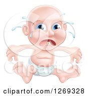 Clipart Of A Bald Blue Eyed Caucasian Baby Boy Sitting In A Diaper And Crying While Teething Royalty Free Vector Illustration by AtStockIllustration