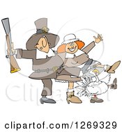 Clipart Of A Thanksgiving Turkey Bird And Pilgrim Couple Dancing The Can Can Royalty Free Vector Illustration