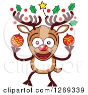 Poster, Art Print Of Happy Christmas Rudolph Reindeer With Decorated Antlers