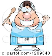 Cartoon Chubby Happy Caucasian Lunch Lady Waving And Holding A Spoon