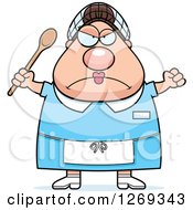 Cartoon Chubby Mad Lunch Caucasian Lady Holding Up A Fist And Spoon