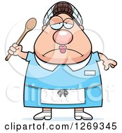 Cartoon Chubby Depressed Caucasian Lunch Lady Holding A Spoon