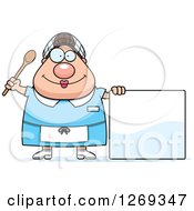 Cartoon Chubby Happy Caucasian Lunch Lady By A Blank Sign