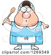 Cartoon Chubby Surprised Caucasian Lunch Lady Holding A Spoon