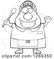 Black And White Cartoon Chubby Happy Lunch Lady Waving And Holding A Spoon
