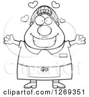 Clipart Of A Black And White Cartoon Chubby Loving Lunch Lady Wanting A Hug Royalty Free Vector Illustration by Cory Thoman