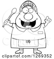 Black And White Cartoon Chubby Creative Lunch Lady With An Idea