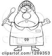 Black And White Cartoon Chubby Mad Lunch Lady Holding Up A Fist And Spoon