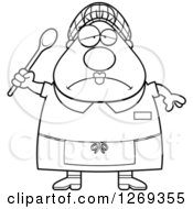 Black And White Cartoon Chubby Depressed Lunch Lady Holding A Spoon