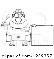 Poster, Art Print Of Black And White Cartoon Chubby Happy Lunch Lady By A Blank Sign