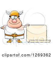 Cartoon Happy Chubby Greek Olympian God Hermes With A Blank Scroll Sign