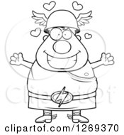 Clipart Of A Black And White Cartoon Loving Chubby Greek Olympian God Hermes With Open Arms Royalty Free Vector Illustration