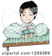 Poster, Art Print Of Thoughtful Cartoon Boy Sitting Up And Hugging His Knees In Bed