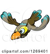 Poster, Art Print Of Cartoon Flying Brown Turquoise And Yellow Bird