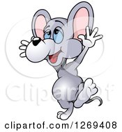 Poster, Art Print Of Cartoon Happy Blue Eyed Gray Mouse Holding His Arms Up And Walking