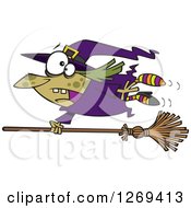 Cartoon Green Witch Hanging On To A Runaway Broom