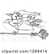 Poster, Art Print Of Black And White Cartoon Witch Hanging On To A Runaway Broom