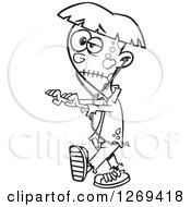 Clipart Of A Black And White Cartoon Halloween Teen Zombie Boy Walking With Earbuds Royalty Free Vector Line Art Illustration by toonaday