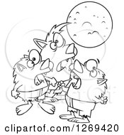 Clipart Of A Black And White Cartoon Trio Of Werewolves Howling At A Full Moon Royalty Free Vector Line Art Illustration by toonaday