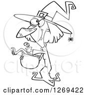 Clipart Of A Black And White Cartoon Halloween Witch Making Soup Royalty Free Vector Line Art Illustration
