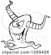 Clipart Of A Black And White Cartoon Happy Horned Monster Royalty Free Vector Line Art Illustration