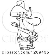 Black And White Cartoon Cowboy Man Showing His Bull Belt Buckle