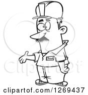 Clipart Of A Black And White Cartoon Worker Supervisor Man Presenting Royalty Free Vector Line Art Illustration