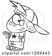 Clipart Of A Black And White Cartoon Little Boy Wearing An All Star Shirt And Pointing At Himself Royalty Free Vector Line Art Illustration