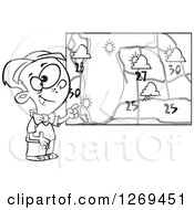 Poster, Art Print Of Black And White Cartoon Weather Boy Discussing By A Map