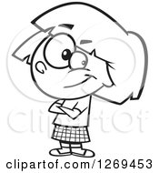 Clipart Of A Black And White Cartoon Confident Little Girl With Folded Arms Royalty Free Vector Line Art Illustration