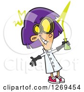 Cartoon Purple Haired Caucasian Mad Scientist Girl Holding Up A Flask