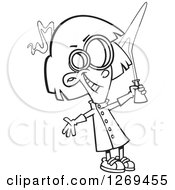 Clipart Of A Black And White Cartoon Mad Scientist Girl Holding Up A Flask Royalty Free Vector Line Art Illustration