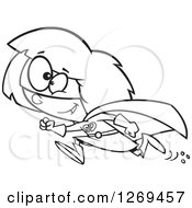 Clipart Of A Black And White Cartoon Running Super Hero Girl Royalty Free Vector Line Art Illustration
