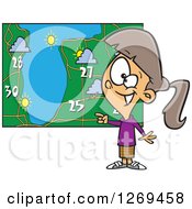 Poster, Art Print Of Cartoon Caucasian Weather Girl Discussing By A Map