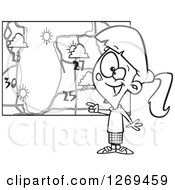 Clipart Of A Black And White Cartoon Weather Girl Discussing By A Map Royalty Free Vector Line Art Illustration