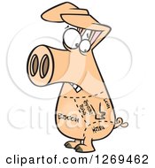 Clipart Of A Cartoon Nervous Pig With Drawn Cut Lines Royalty Free Vector Illustration