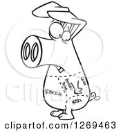 Clipart Of A Black And White Cartoon Pig With Drawn Cut Lines Royalty Free Vector Line Art Illustration