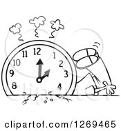 Black And White Cartoon Man Crushed Under A Fall Back Clock