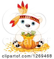Poster, Art Print Of Cute Thanksgiving Polar Bear Hugging A Pumpkin And Wearing A Feather Head Band